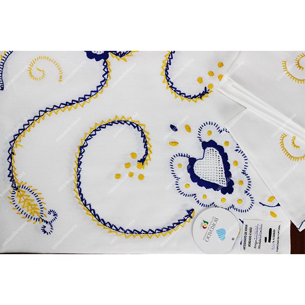 1,80 round-TABLECLOTH IN COTTON EMBROIDERED IN BLUE AND YELLOW