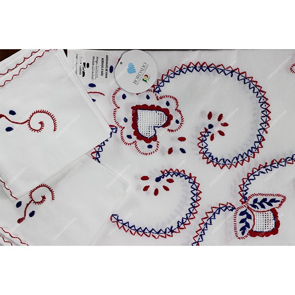 1,80 round-TABLECLOTH IN COTTON EMBROIDERED IN BLUE AND RED