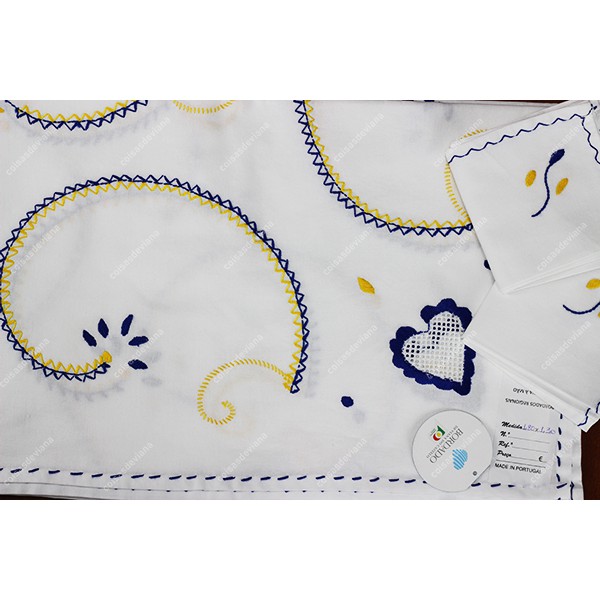 1,80x1,30-TABLECLOTH IN COTTON EMBROIDERED IN BLUE AND YELLOW