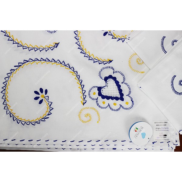 2,0x1,60-TABLECLOTH IN COTTON EMBROIDERED IN BLUE AND YELLOW