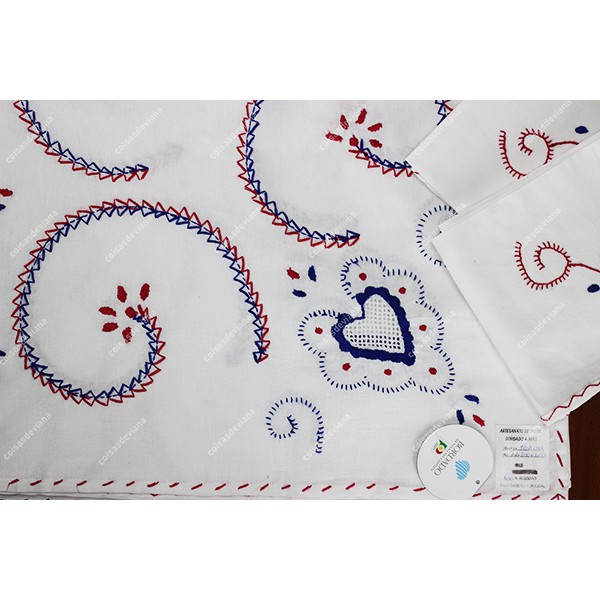 3,50x1,70-TABLECLOTH IN COTTON EMBROIDERED IN BLUE, RED AND WHITE