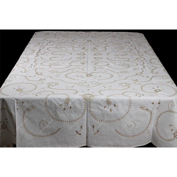 3,50x1,70-TABLECLOTH IN COTTON EMBROIDERED IN BEIGE