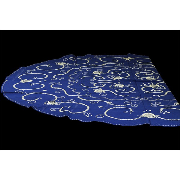 1,80 round-TABLECLOTH IN BLUE COTTON EMBROIDERED IN WHITE