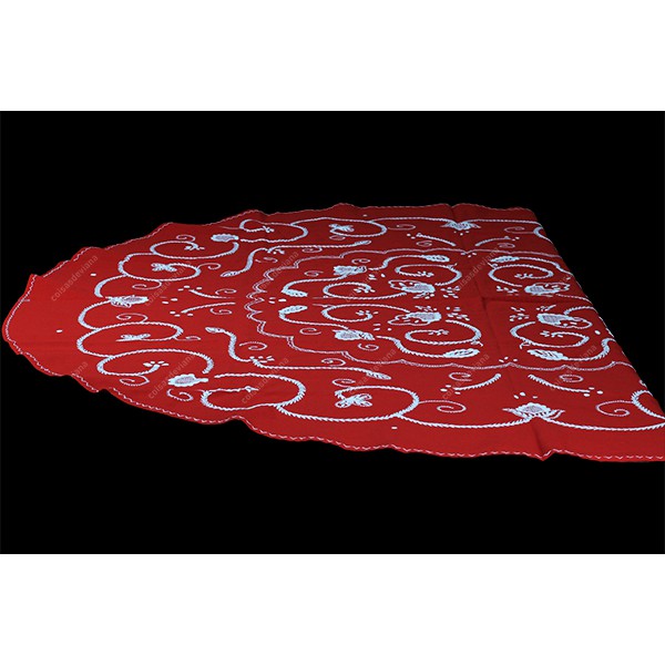 1,80 round-TABLECLOTH IN RED COTTON EMBROIDERED IN WHITE
