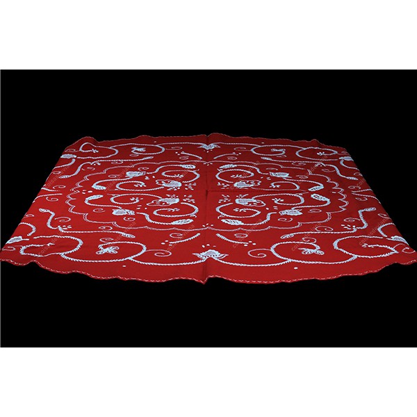 1,80 round-TABLECLOTH IN RED COTTON EMBROIDERED IN WHITE