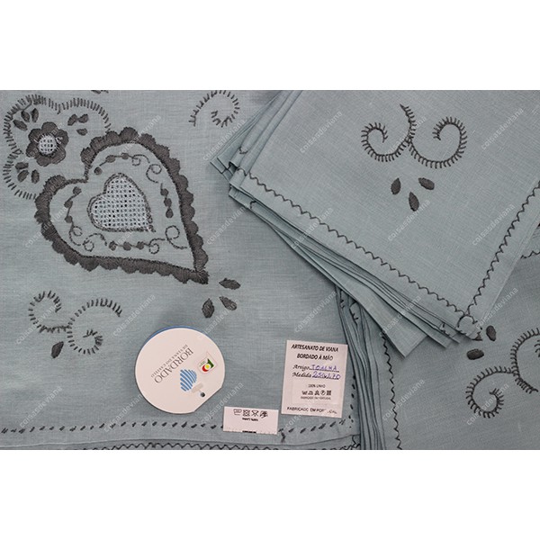 2,50x1,70-TABLECLOTH IN SEA BLUE LINEN EMBROIDERED IN DARK GREY