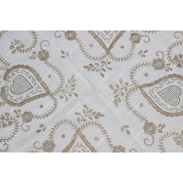 3,0x1,70-TABLECLOTH IN LIGHT BEIGE LINEN EMBROIDERED IN BEIGE AND WITH SIEVE STITCH BAR