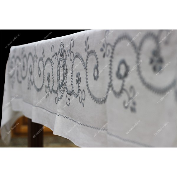 2,50x1,70-TABLECLOTH IN WHITE LINEN EMBROIDERED IN GREY