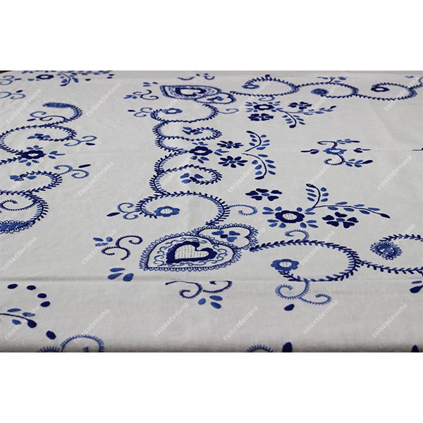 2,50x1,70-TABLECLOTH IN WHITE LINEN EMBROIDERED IN TWO BLUES