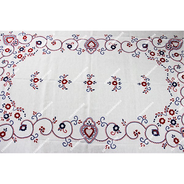 2,50x1,70-TABLECLOTH IN WHITE LINEN EMBROIDERED IN THREE COLOURS