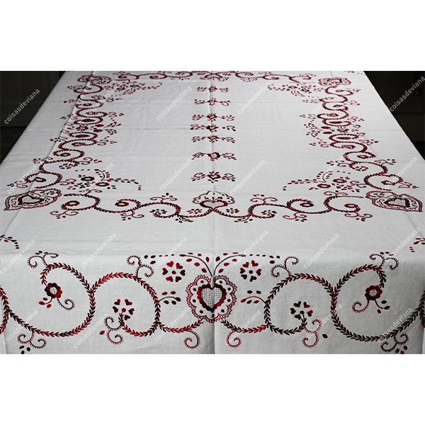 2,50x1,70-TABLECLOTH IN LIGHT GREY LINEN EMBROIDERED IN TINGED BORDEAUX