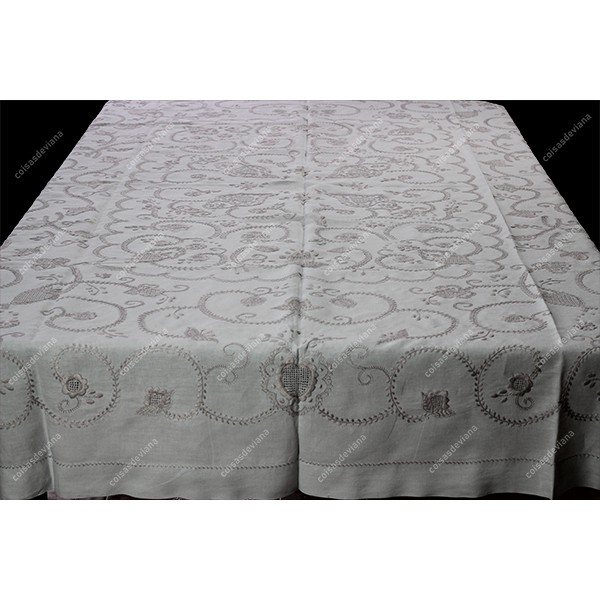 2,50x1,70-TABLECLOTH IN LIGHT GREY LINEN EMBROIDER...