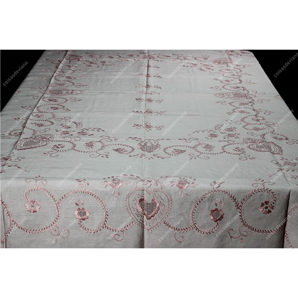 2,50x1,70-TABLECLOTH IN PINK TEA LINEN EMBROIDERED IN LIGHT PINK