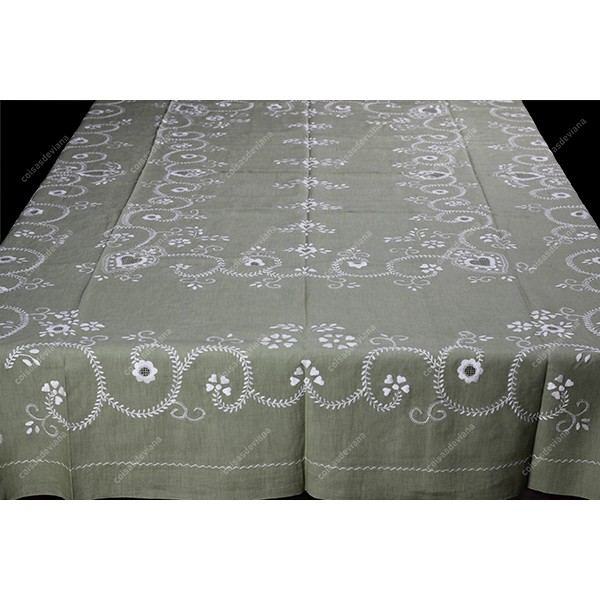 2,50x1,45-TABLECLOTH IN WATER GREEN LINEN EMBROIDE...