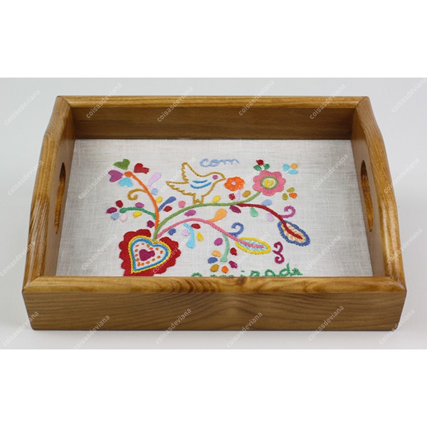 SMALL WOODEN TRAY EMBROIDERED LOVER'S HANDKERCHIEF