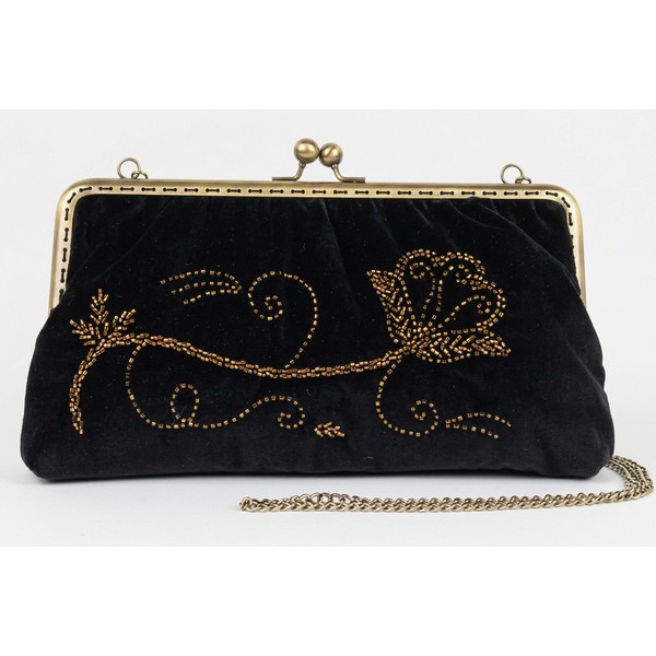 BOLSA DE MÃO EM VELUDO BORDADA A VIDRILHO DOURADO