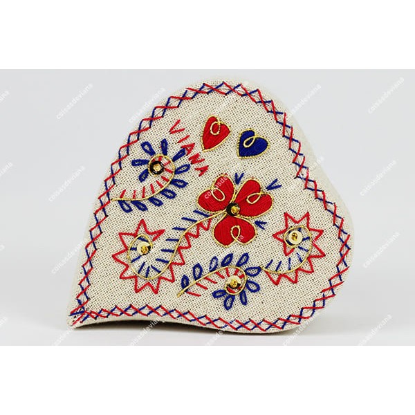 HEART BOX IN LINEN VIANA EMBROIDERY RED AND BLUE