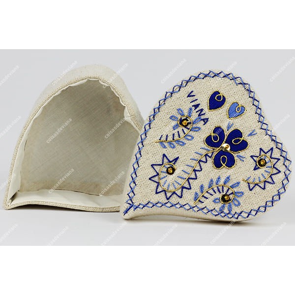HEART BOX IN LINEN VIANA EMBROIDERY TWO BLUES