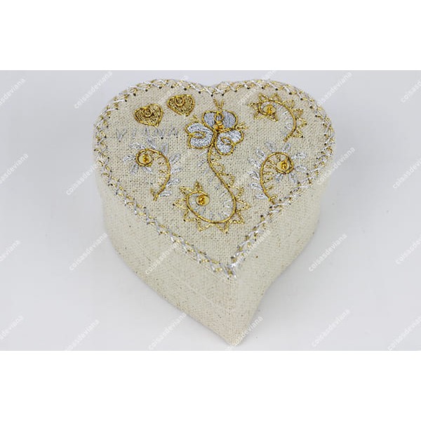HEART BOX IN LINEN VIANA EMBROIDERY IN GOLD AND SILVER
