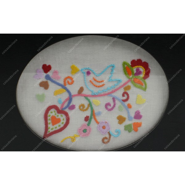 WOODEN JEWELRY BOX WITH OVAL WINDOW ON TOP WITH LOVE HANDKERCHIEF EMBROIDERY IN LINEN FABRIC
