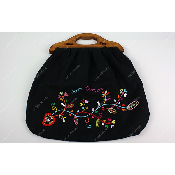 HANDBAG LINEN EMBROIDERED BY HAND WOODEN HANDLES