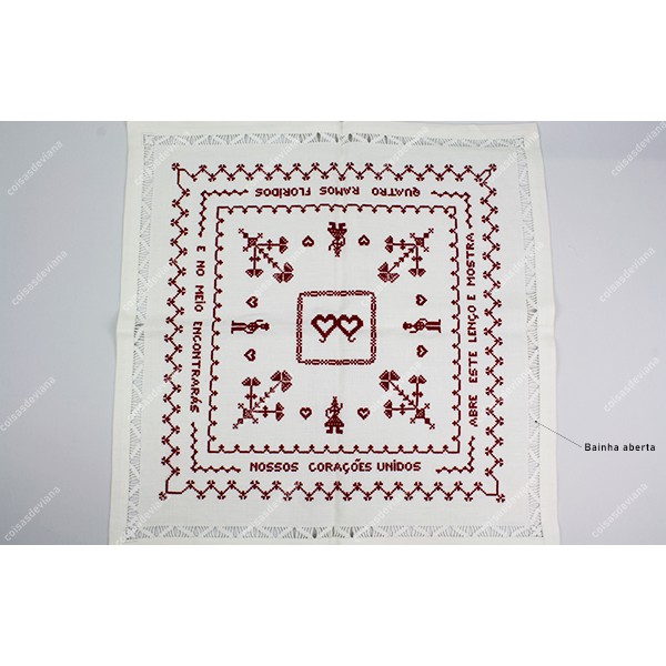 LOVE HANDKERCHIEF IN LINEN WITH RICH CROSS STITCH EMBROIDERY AND OPEN HEM