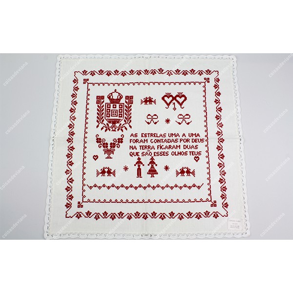 LOVE HANDKERCHIEF IN LINEN RICH EMBROIDERED IN CROSS STITCH AND CROCHET STITCH LACE
