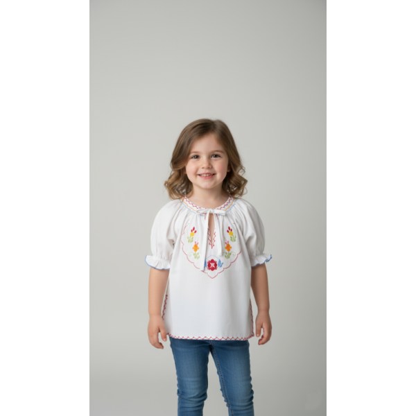 BLUSA BORDADO VIANA COM LAÇO E MANGA CURTA - MENI...