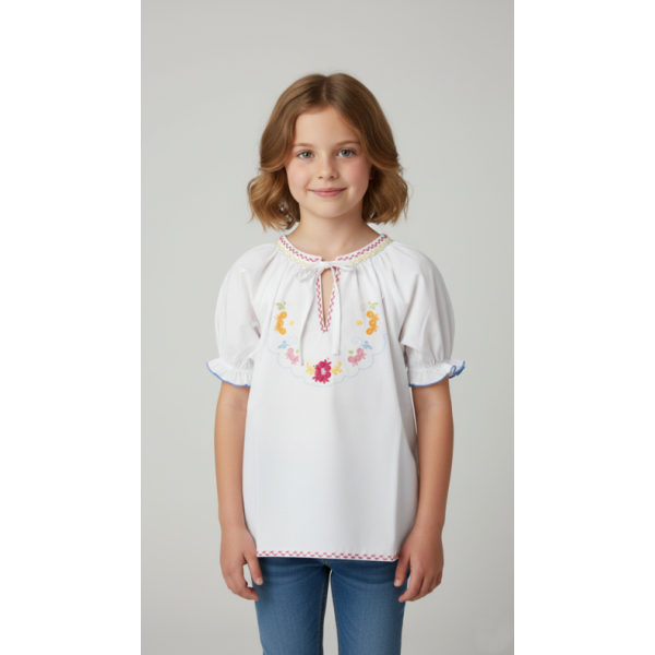 BLUSA BORDADO VIANA COM LAÇO E MANGA CURTA - MENINA