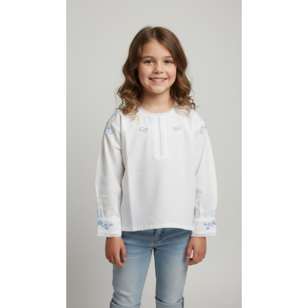 CAMISA ALGODÃO BORDADO AZUL CLARO PARA TRAJE DOMINGAR - MENINA