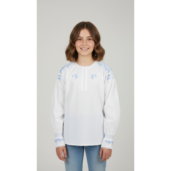 CAMISA ALGODÃO BORDADO AZUL CLARO PARA TRAJE DOMINGAR - MENINA