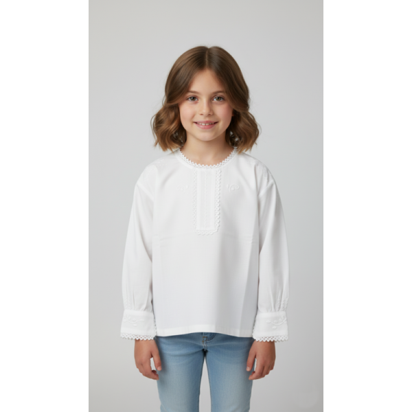 CAMISA ALGODÃO BORDADO BRANCO PARA TRAJE DOMINGAR - MENINA