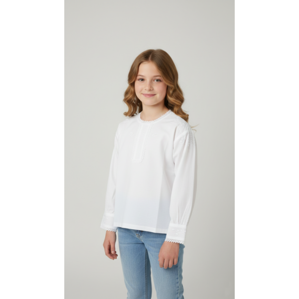 CAMISA ALGODÃO BORDADO BRANCO PARA TRAJE DOMINGAR - MENINA
