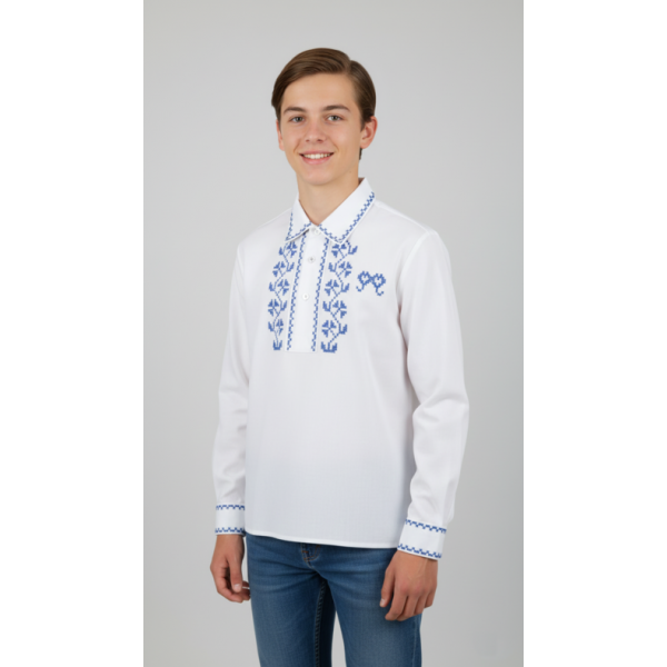 CAMISA ALGODÃO BORDADO PONTO CRUZ AZUL - MENINO