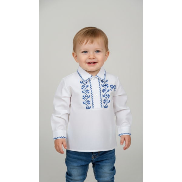 CAMISA ALGODÃO BORDADO PONTO CRUZ AZUL - MENINO