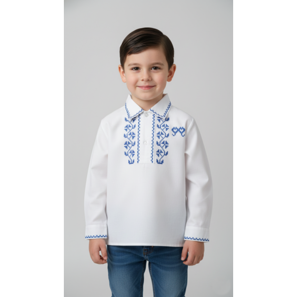 CAMISA ALGODÃO BORDADO PONTO CRUZ AZUL - MENINO