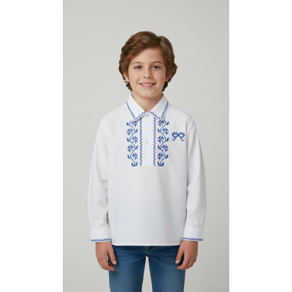 CAMISA ALGODÃO BORDADO PONTO CRUZ AZUL - MENINO