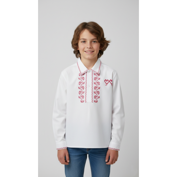 CAMISA ALGODÃO BORDADO PONTO CRUZ VERMELHO - MENINO