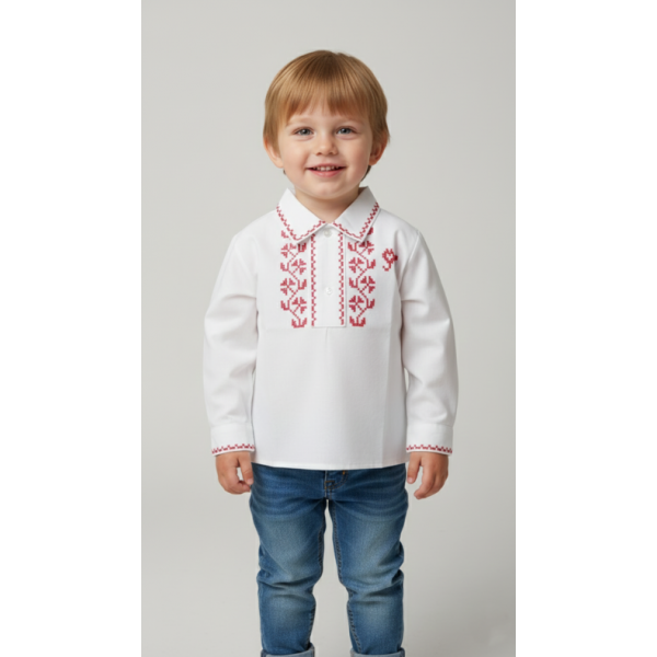 CAMISA ALGODÃO BORDADO PONTO CRUZ VERMELHO - MENI...