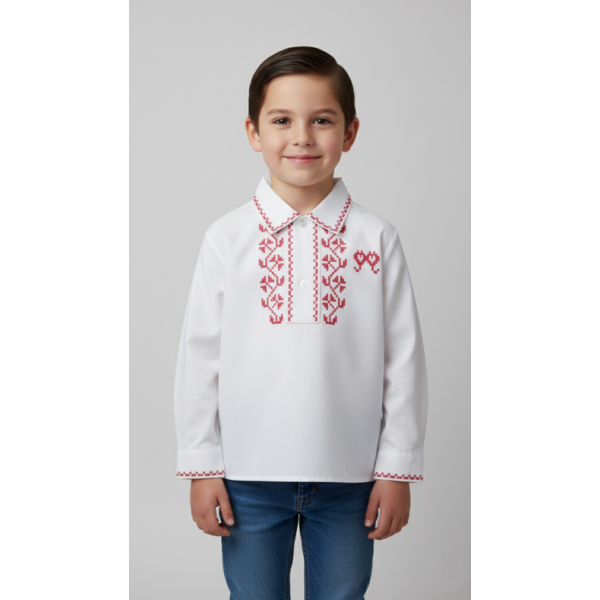 CAMISA ALGODÃO BORDADO PONTO CRUZ VERMELHO - MENINO