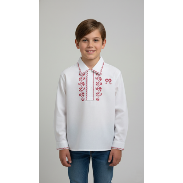 CAMISA ALGODÃO BORDADO PONTO CRUZ VERMELHO - MENINO