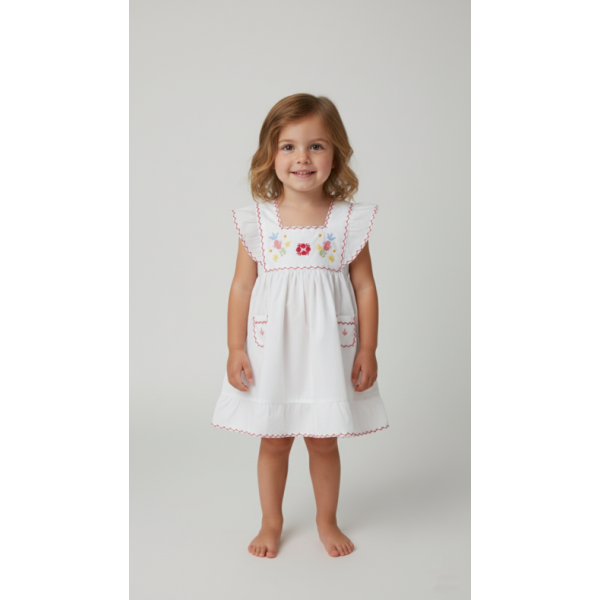 VESTIDO CRIANÇA COM FOLHOS E BORDADO VIANA