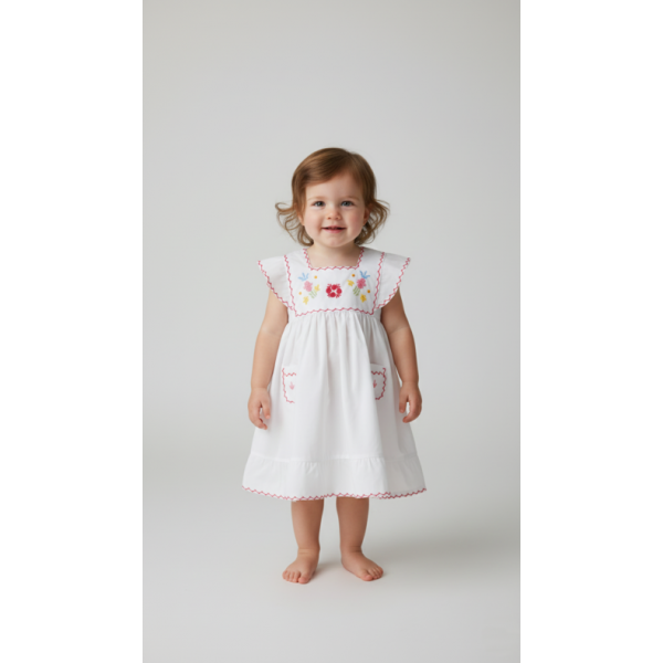 VESTIDO CRIANÇA COM FOLHOS E BORDADO VIANA