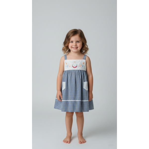 VESTIDO CRIANÇA TECIDO XADREZ BORDADO VIANA