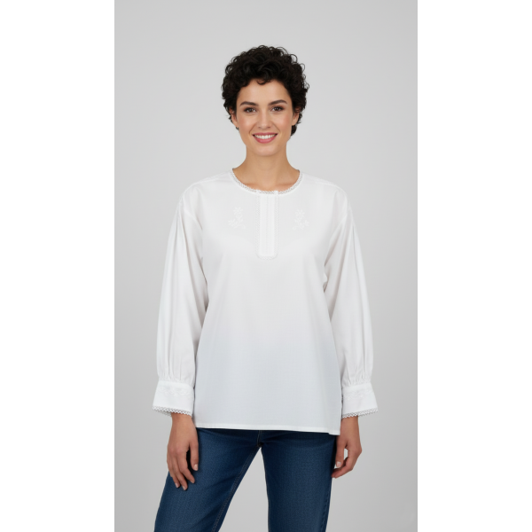 CAMISA ALGODÃO BORDADO SIMPLES BRANCO COM RENDA E...