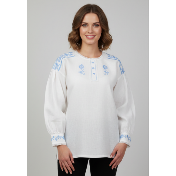 CAMISA LINHO BORDADO AZUL CLARO E RENDA