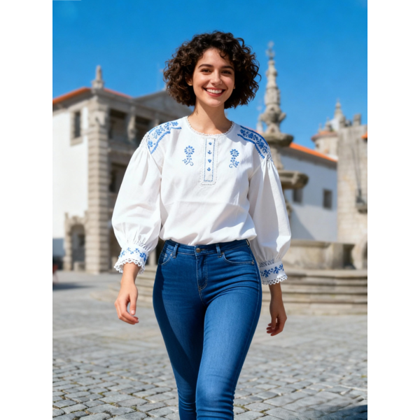 CAMISA LINHO BORDADO AZUL CLARO E RENDA