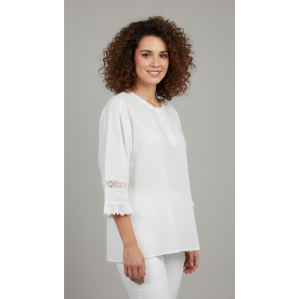 CAMISA LINHO BORDADO BRANCO C/ RENDA MANGA 3/4