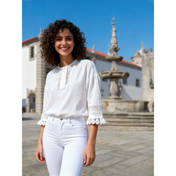 CAMISA LINHO BORDADO BRANCO C/ RENDA MANGA 3/4