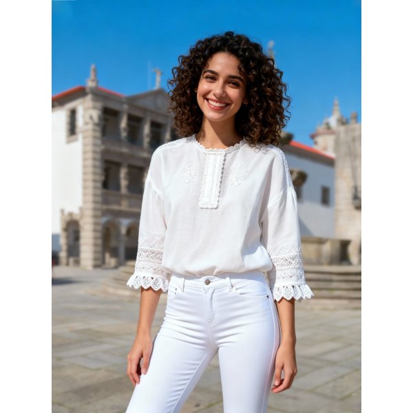 CAMISA LINHO BORDADO BRANCO C/ RENDA MANGA 3/4